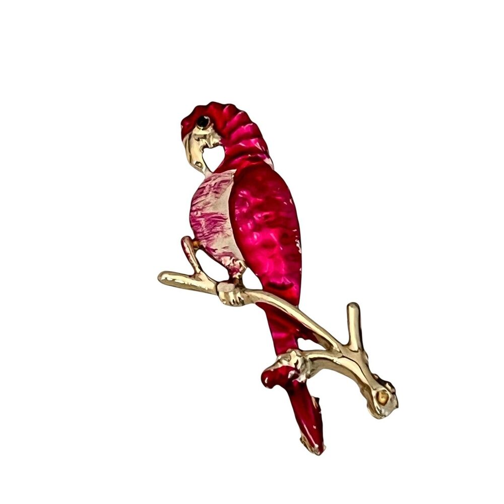 Vintage 1970s Brooch Pink Enamel Parrot Bird Figural - 1F